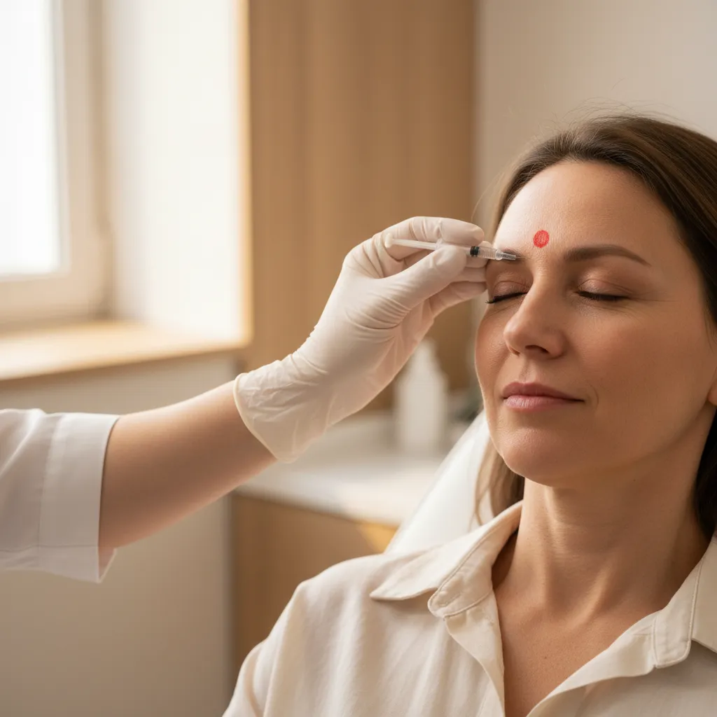 Close-up of a provider marking injection points on a patient forehead for neuromodulator treatment