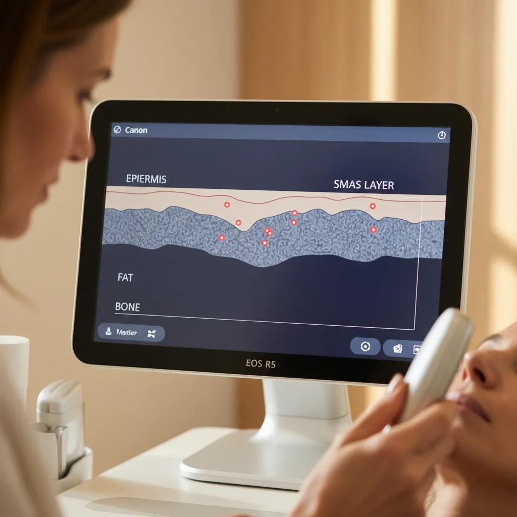 Ultrasound imaging during Ultherapy showing targeted tissue layers