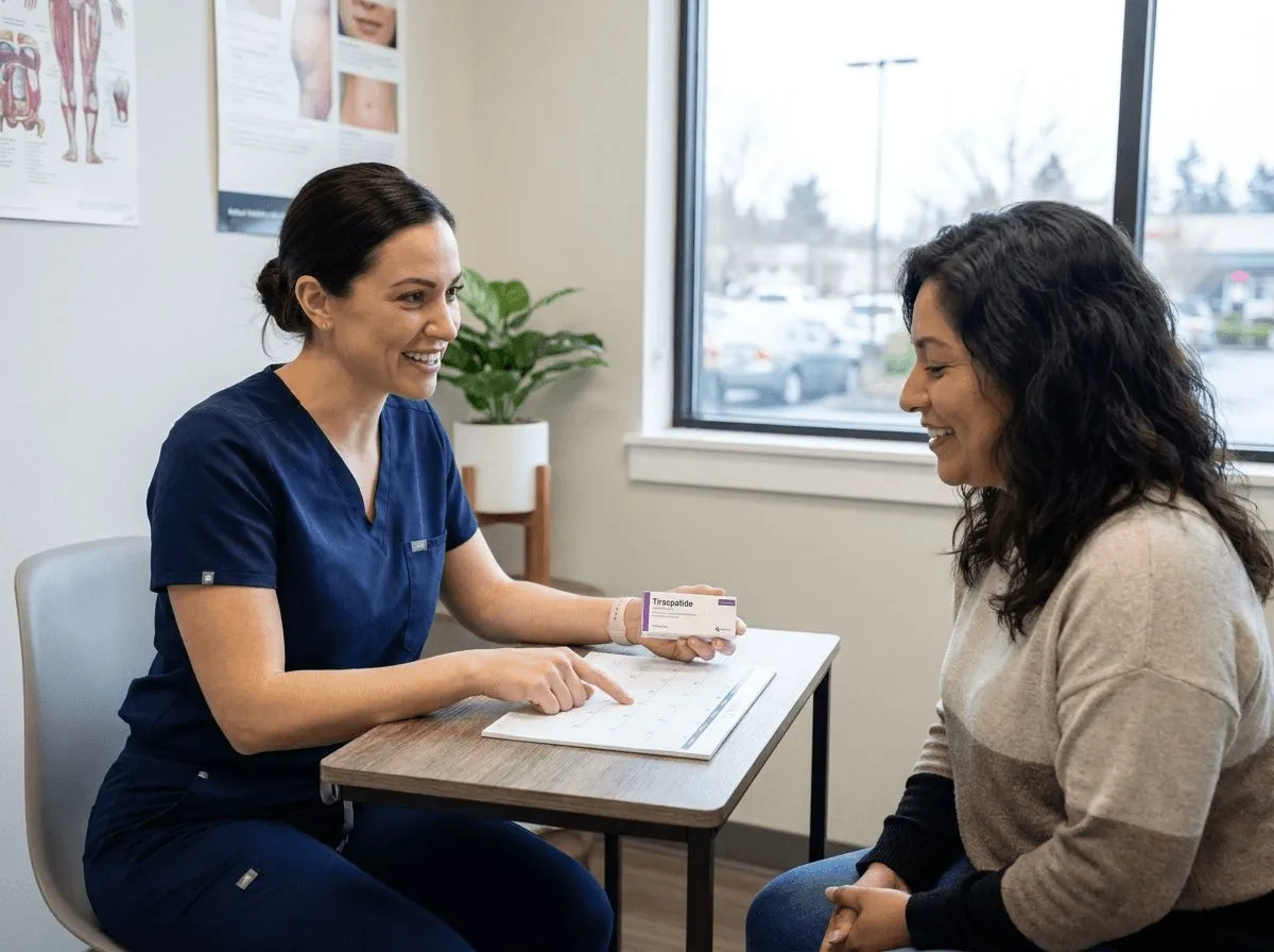 Patient receiving guidance on tirzepatide dosing schedule from a provider