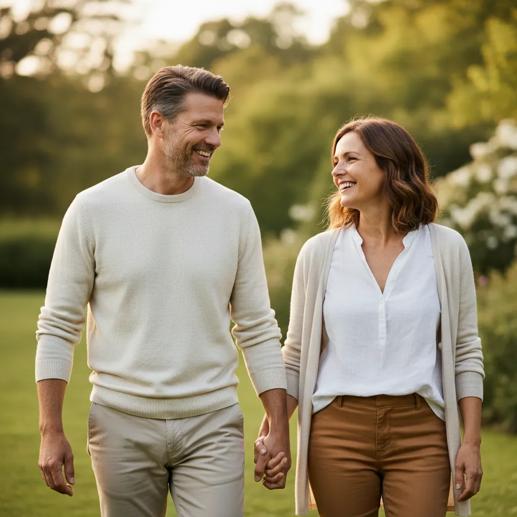 Healthy couple walking together outdoors