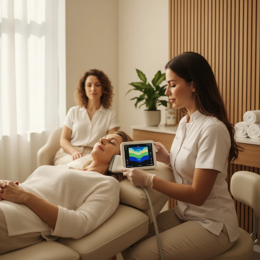 Ultherapy ultrasound visualization showing treatment depth on the jawline