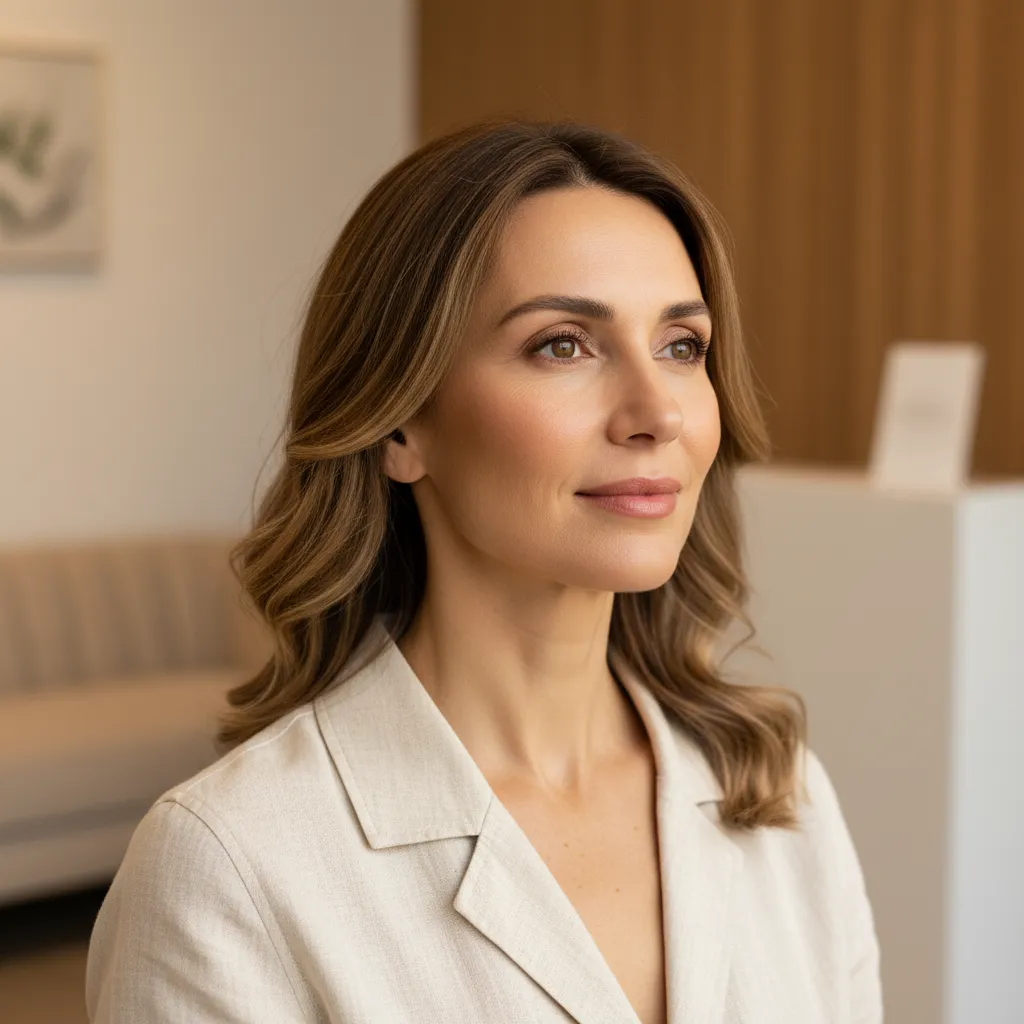 Woman with defined, lifted jawline and smooth neck