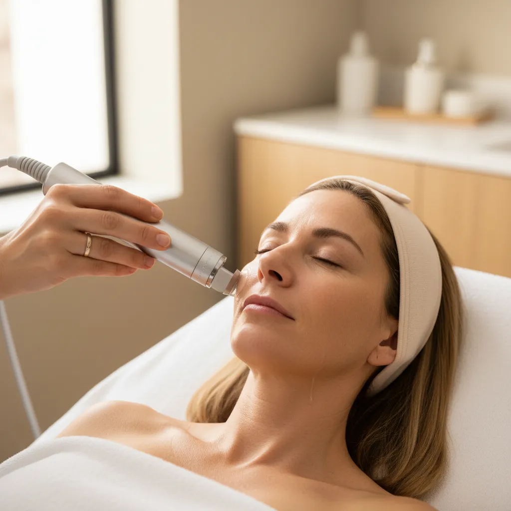 Close-up of DiamondGlow treatment showing the 3-in-1 exfoliation, extraction, and infusion process