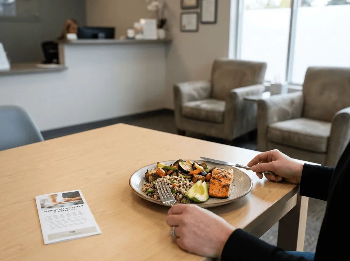 Colorful plate of nutrient-dense foods recommended during weight loss treatment