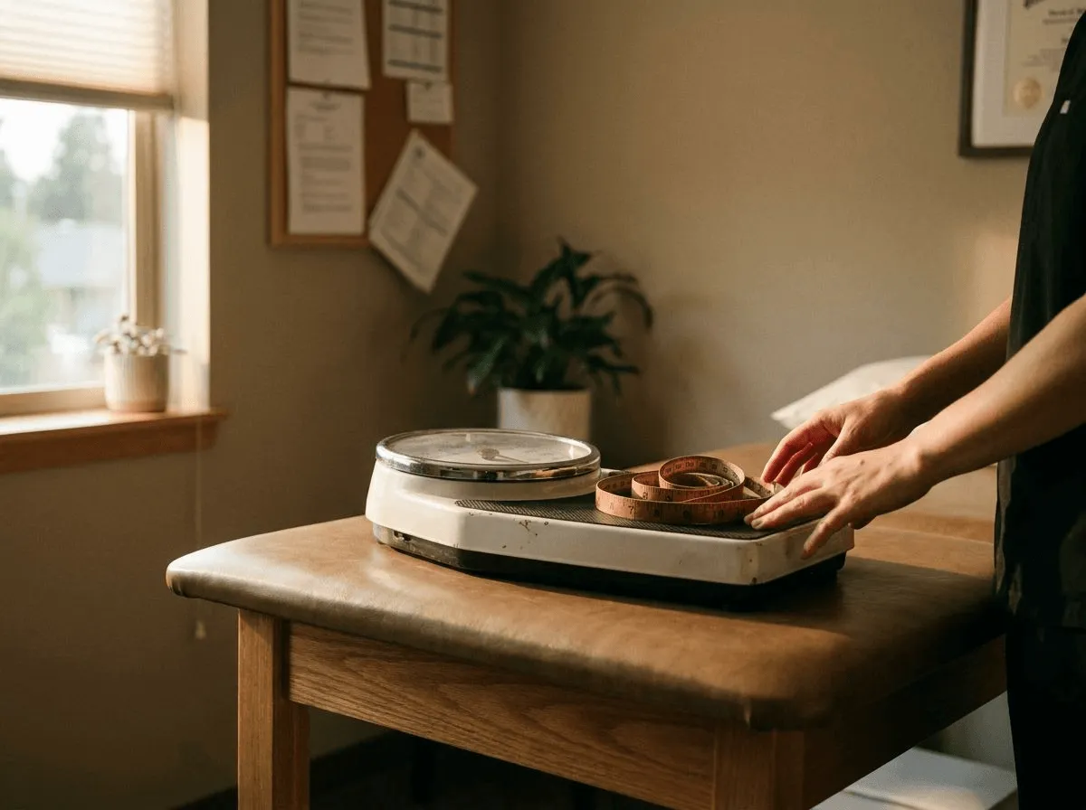 Scale and measuring tape representing weight loss monitoring during treatment