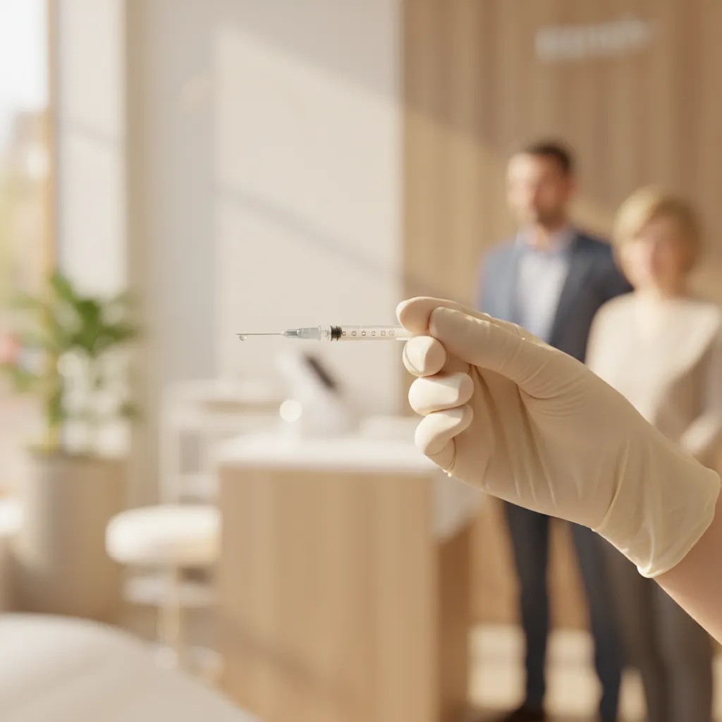 Close-up of neuromodulator vials on a clean clinical surface