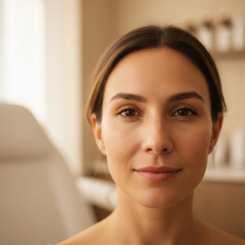 Close-up portrait showing skin texture in bright treatment room