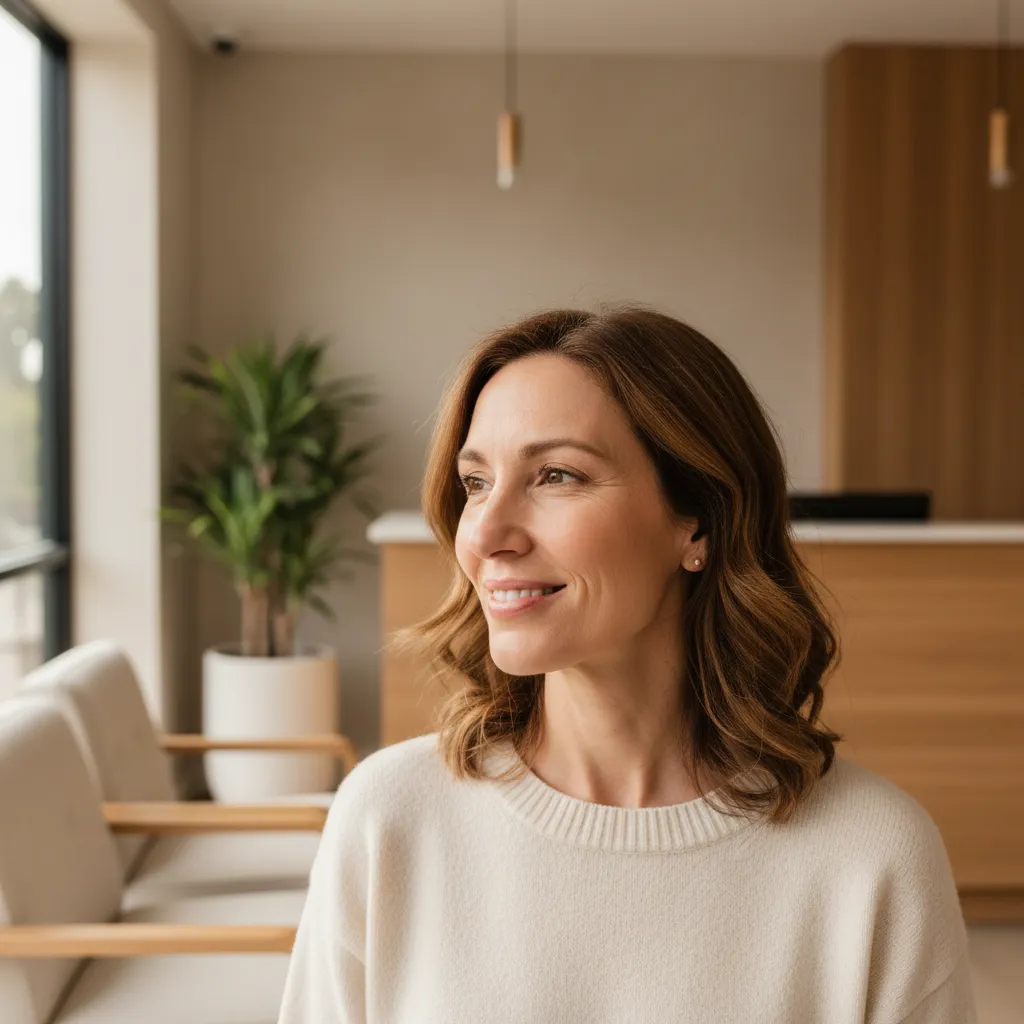 Woman with lifted, tightened jawline and neck after Ultherapy treatment at Allen Medical Aesthetics