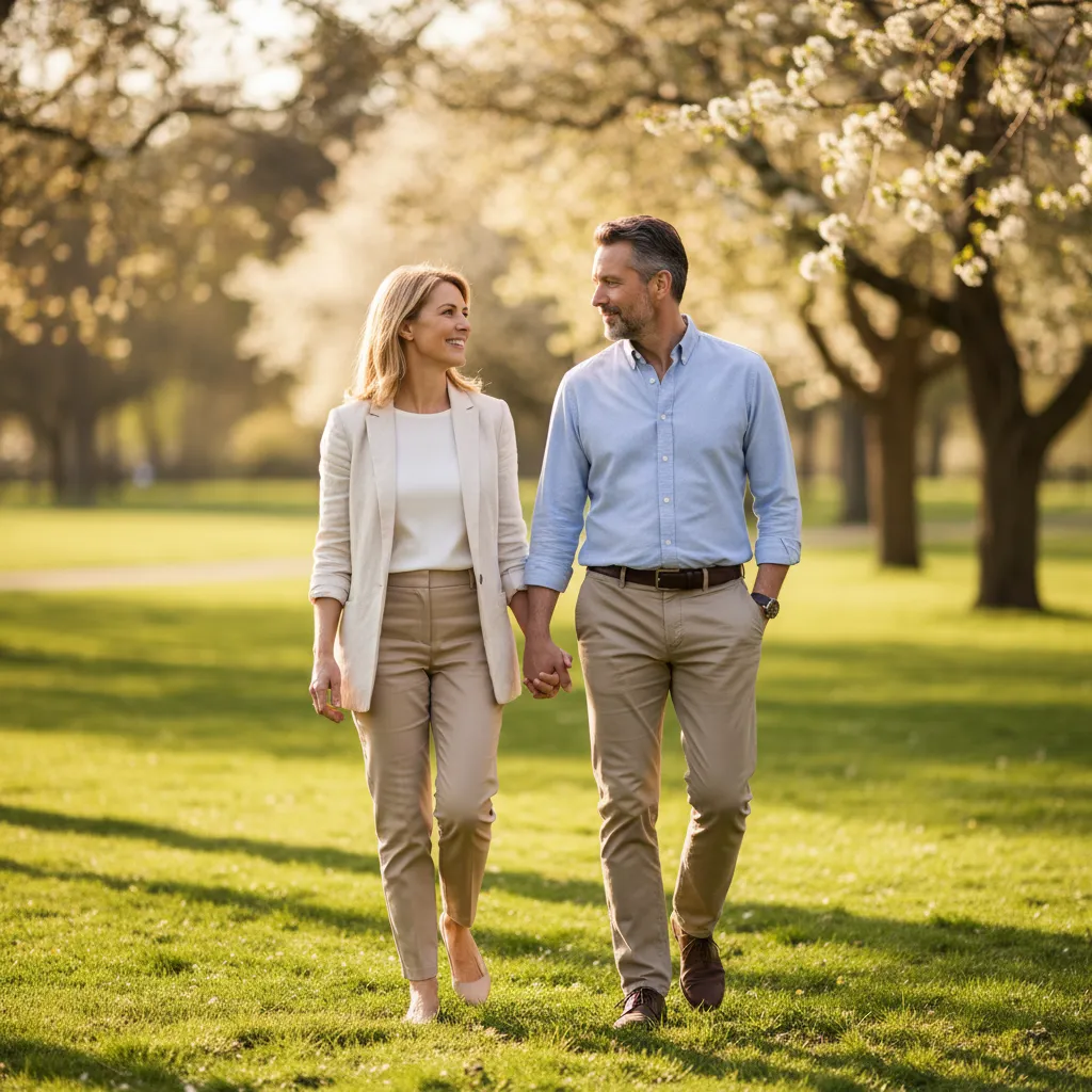 Middle-aged couple looking energetic and healthy, representing hormone balance and vitality