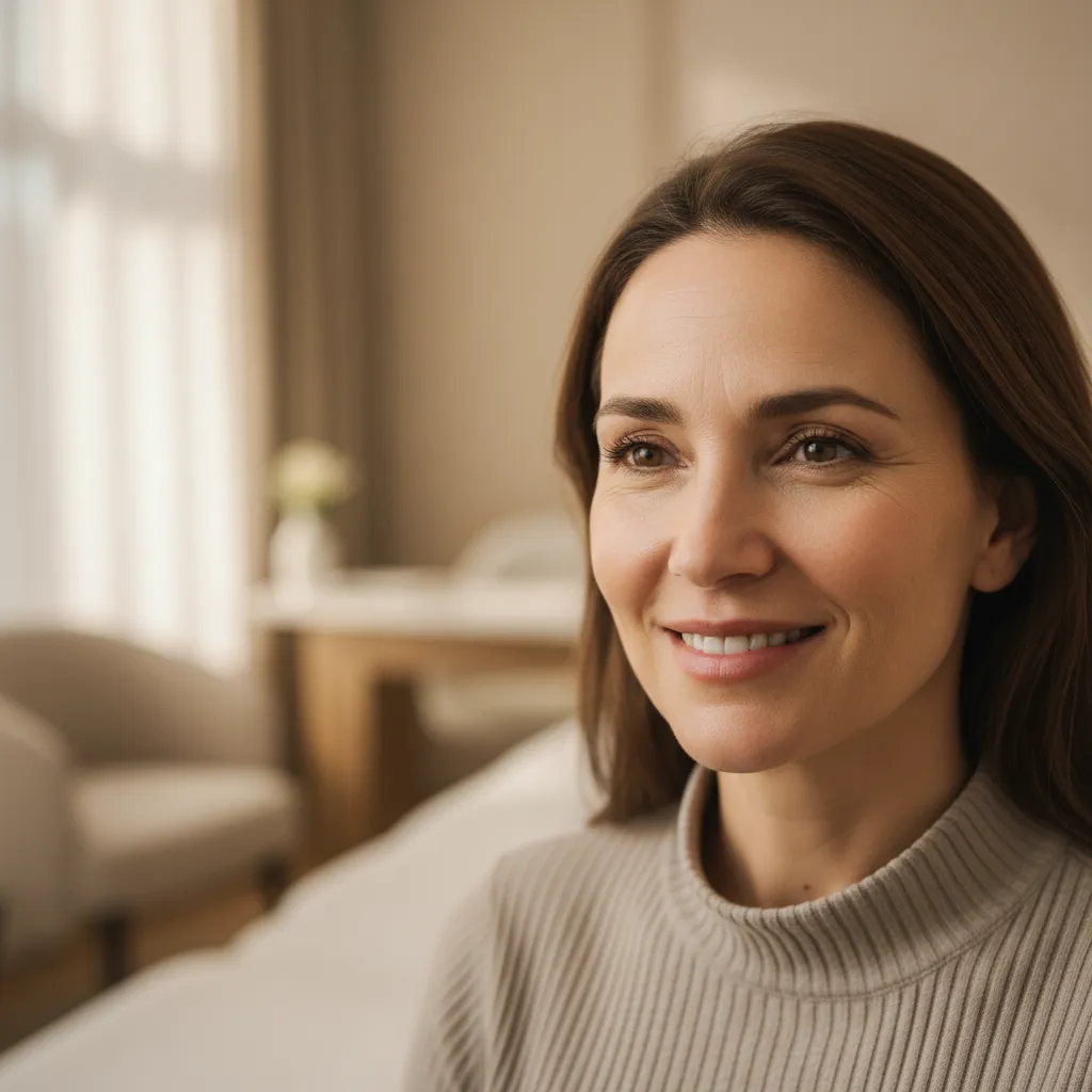 Woman with visible expression lines looking confident during clinic consultation
