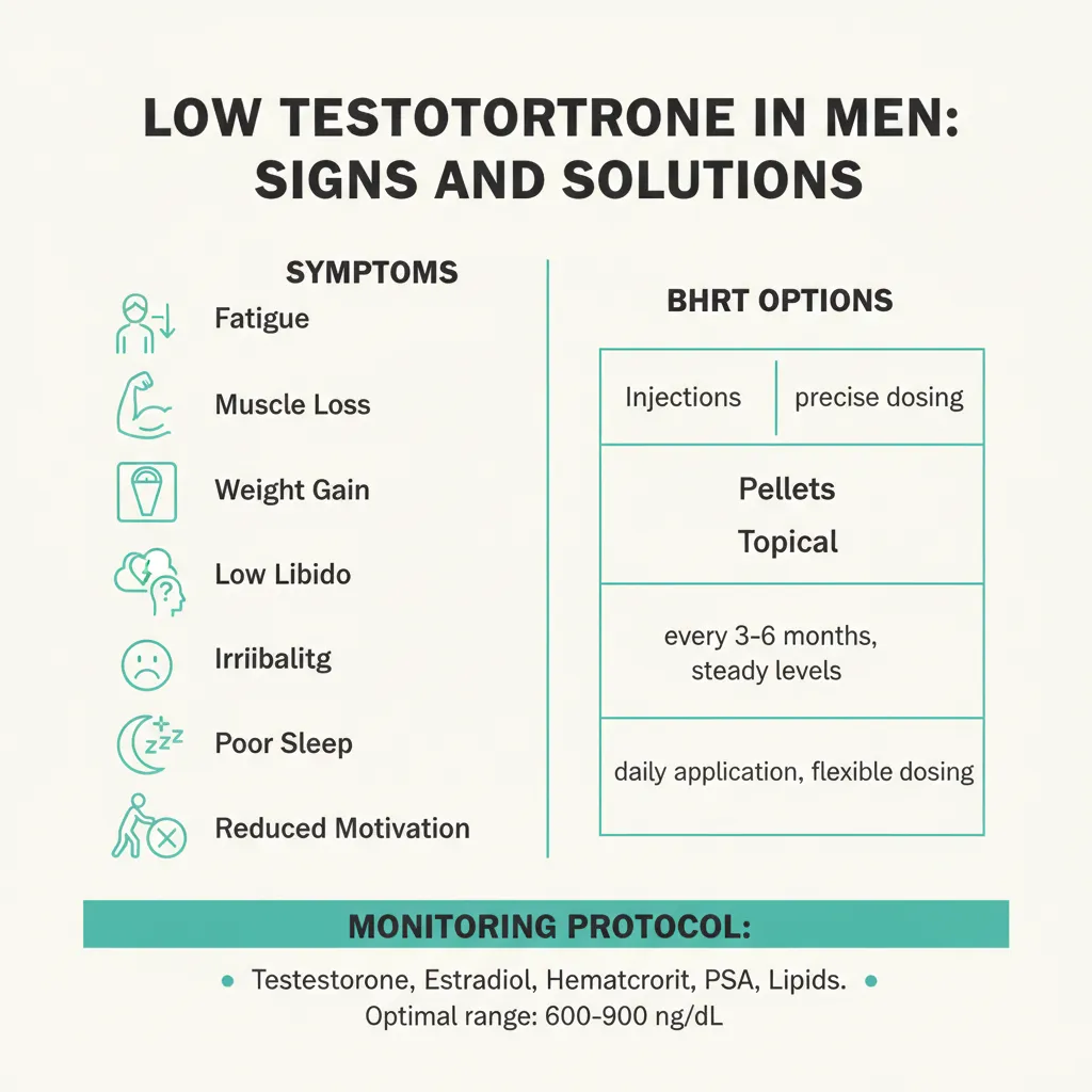 Infographic showing symptoms of low testosterone in men and BHRT treatment options