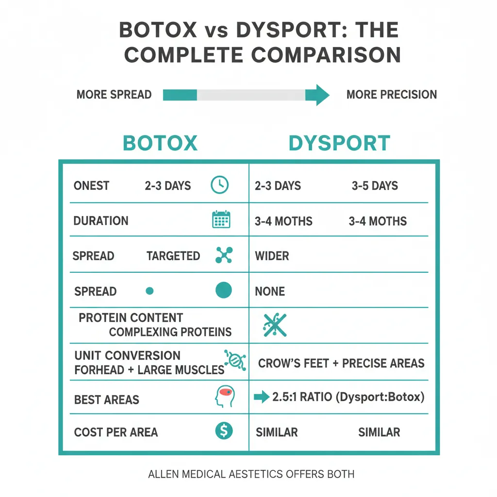 Comprehensive infographic comparing Botox versus Dysport including onset, duration, spread, and cost