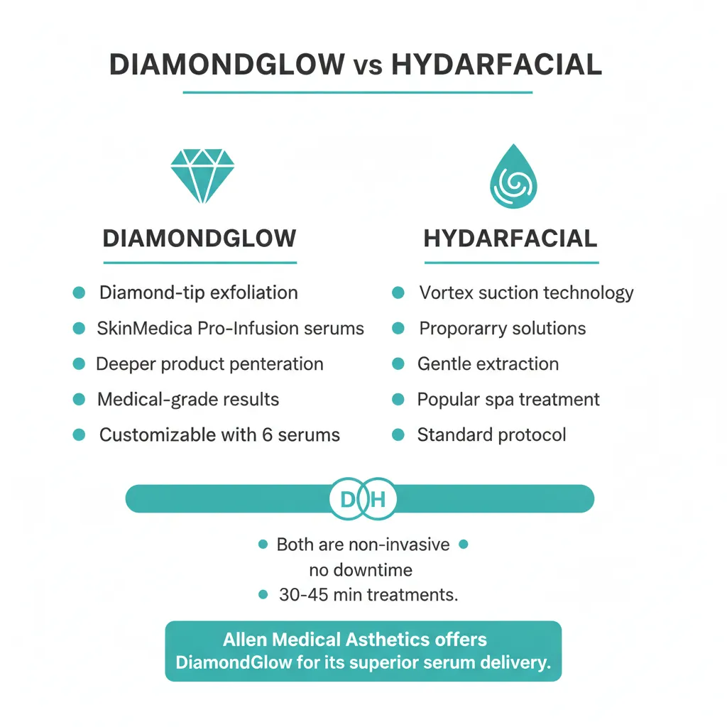 Infographic comparing DiamondGlow versus HydraFacial technology, steps, and results