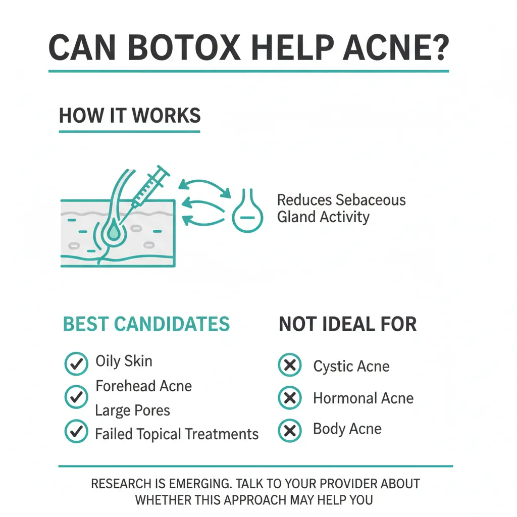 Infographic explaining how intradermal Botox may reduce oil production and acne