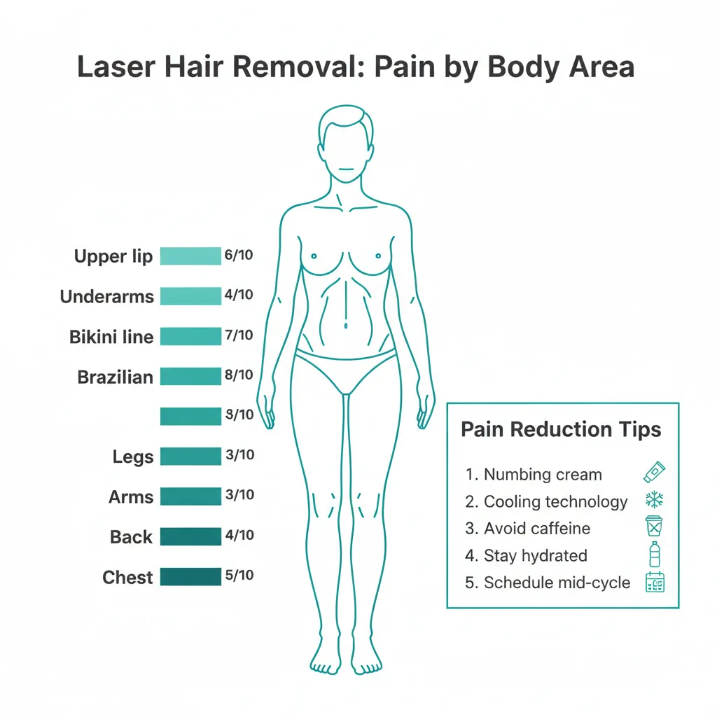 Infographic showing laser hair removal pain levels by treatment area on a body diagram