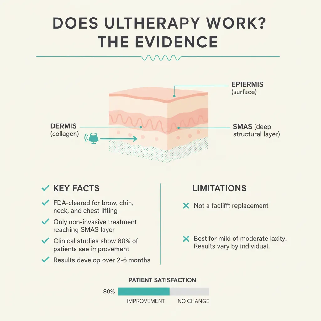 Infographic showing how Ultherapy micro-focused ultrasound reaches the SMAS layer to lift skin