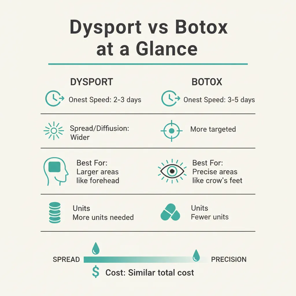 Infographic comparing Dysport versus Botox onset, spread, and duration