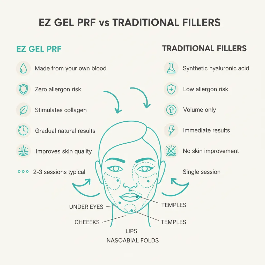 Infographic comparing EZ Gel PRF versus traditional dermal fillers