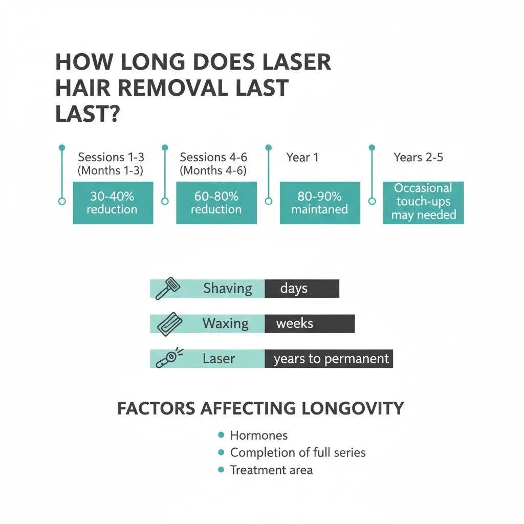 Infographic showing laser hair removal longevity timeline and factors affecting permanent reduction