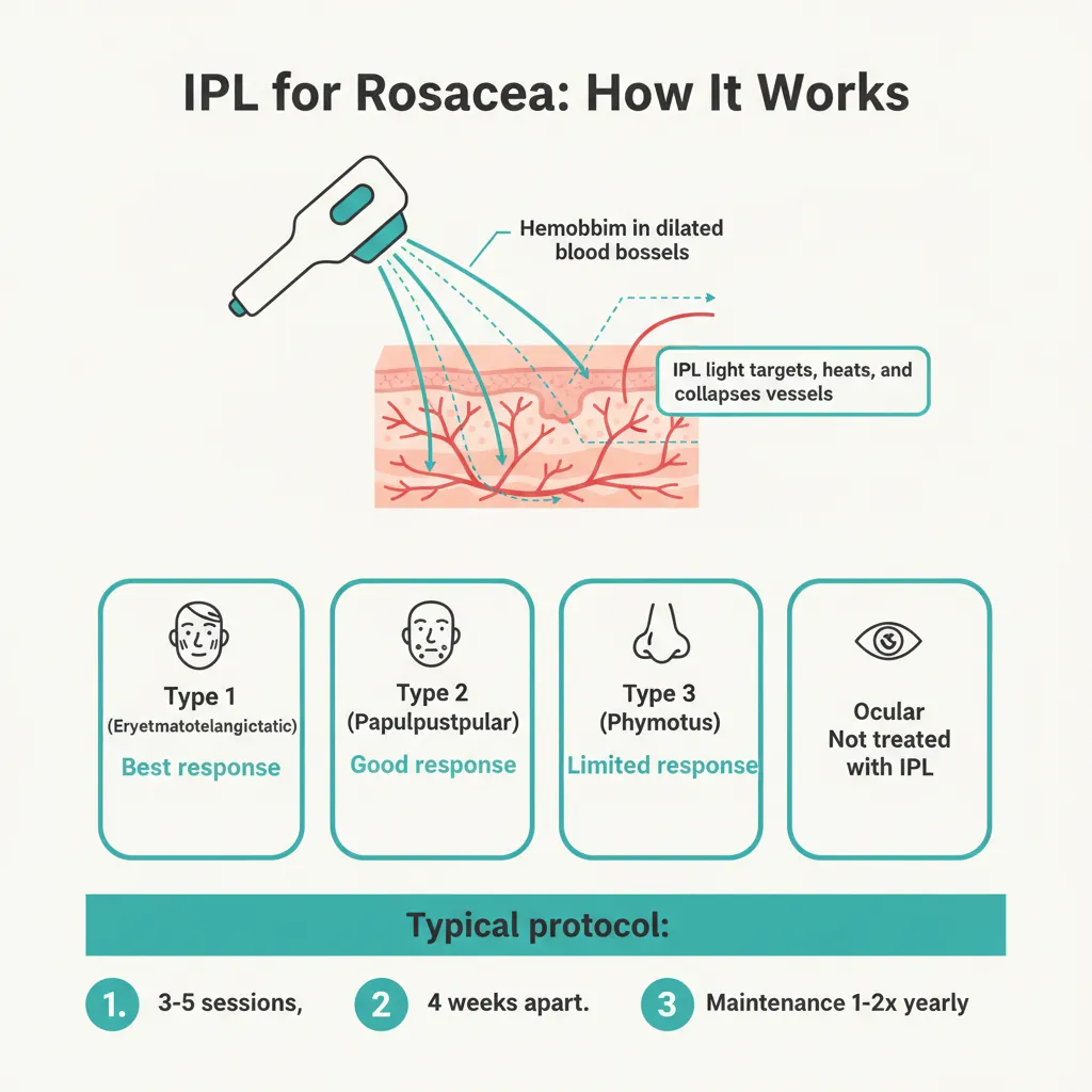 Infographic explaining how IPL treats rosacea by targeting hemoglobin in visible blood vessels