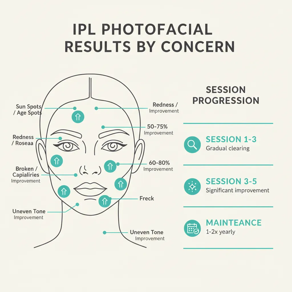 Infographic showing IPL photofacial results by concern including sun damage, redness, and brown spots