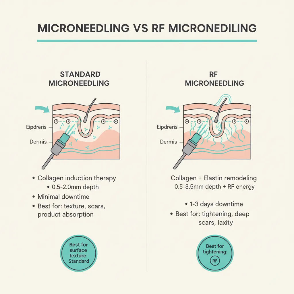 Infographic comparing standard microneedling versus RF microneedling mechanisms and results