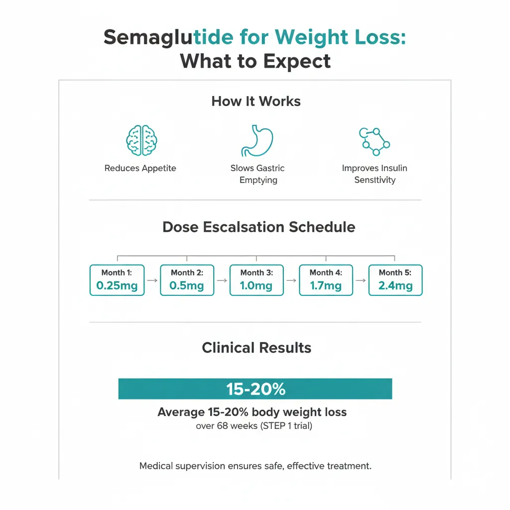 Infographic showing semaglutide dose escalation schedule and expected weight loss timeline