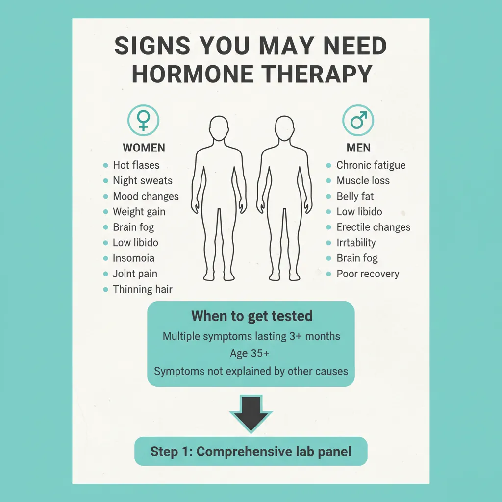 Infographic showing common signs of hormone imbalance in men and women by symptom category