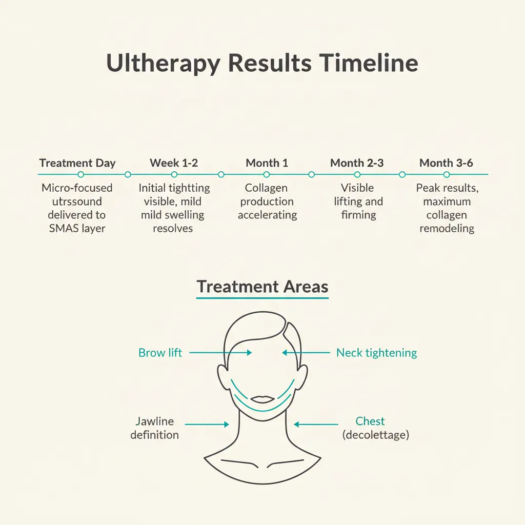 Infographic showing Ultherapy results timeline from treatment day through 6 months of collagen remodeling