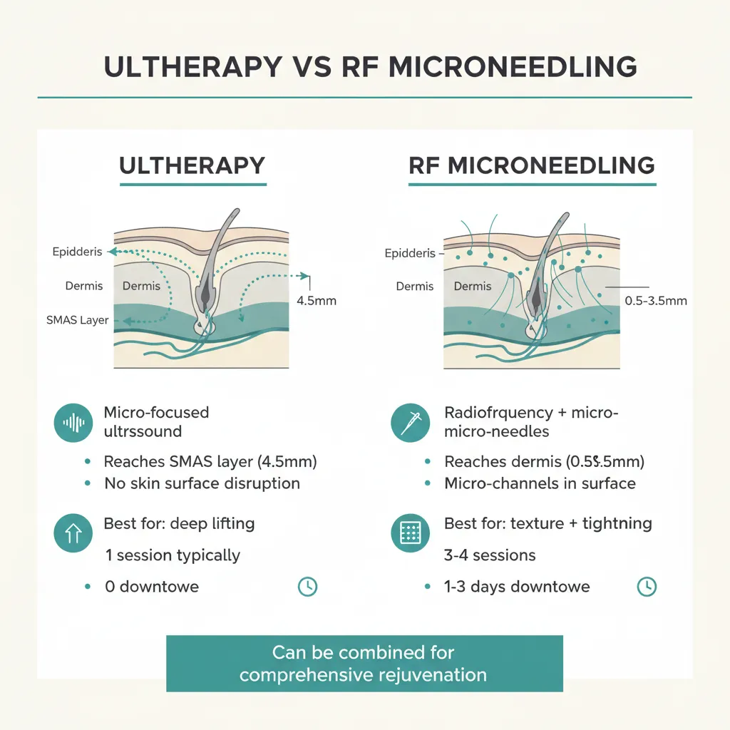 Infographic comparing Ultherapy versus RF microneedling by depth, mechanism, recovery, and ideal concerns