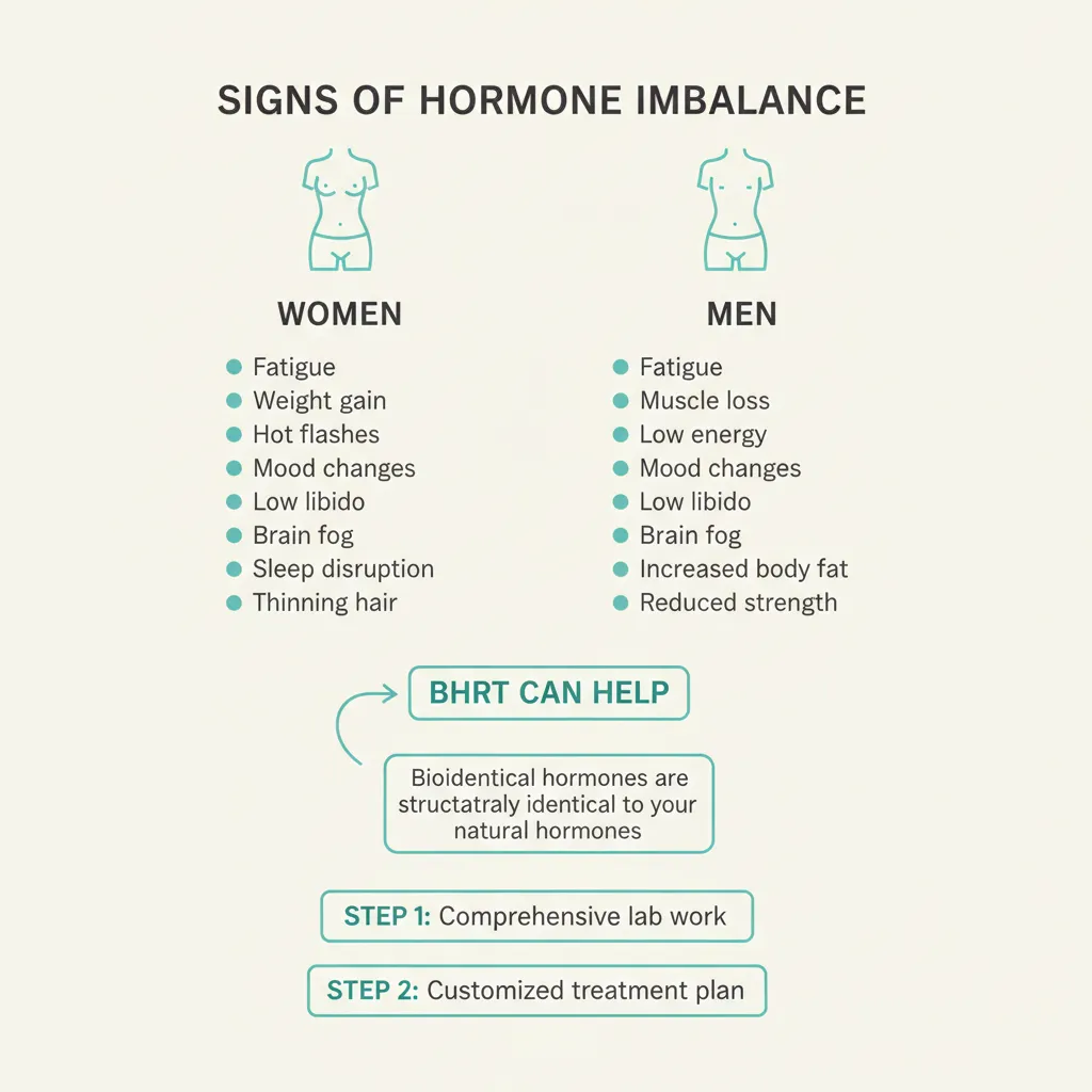 Infographic showing common symptoms of hormone imbalance in men and women