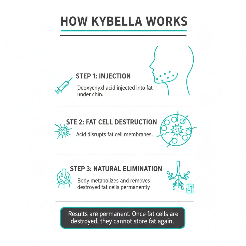 Infographic showing how Kybella destroys fat cells under the chin step by step