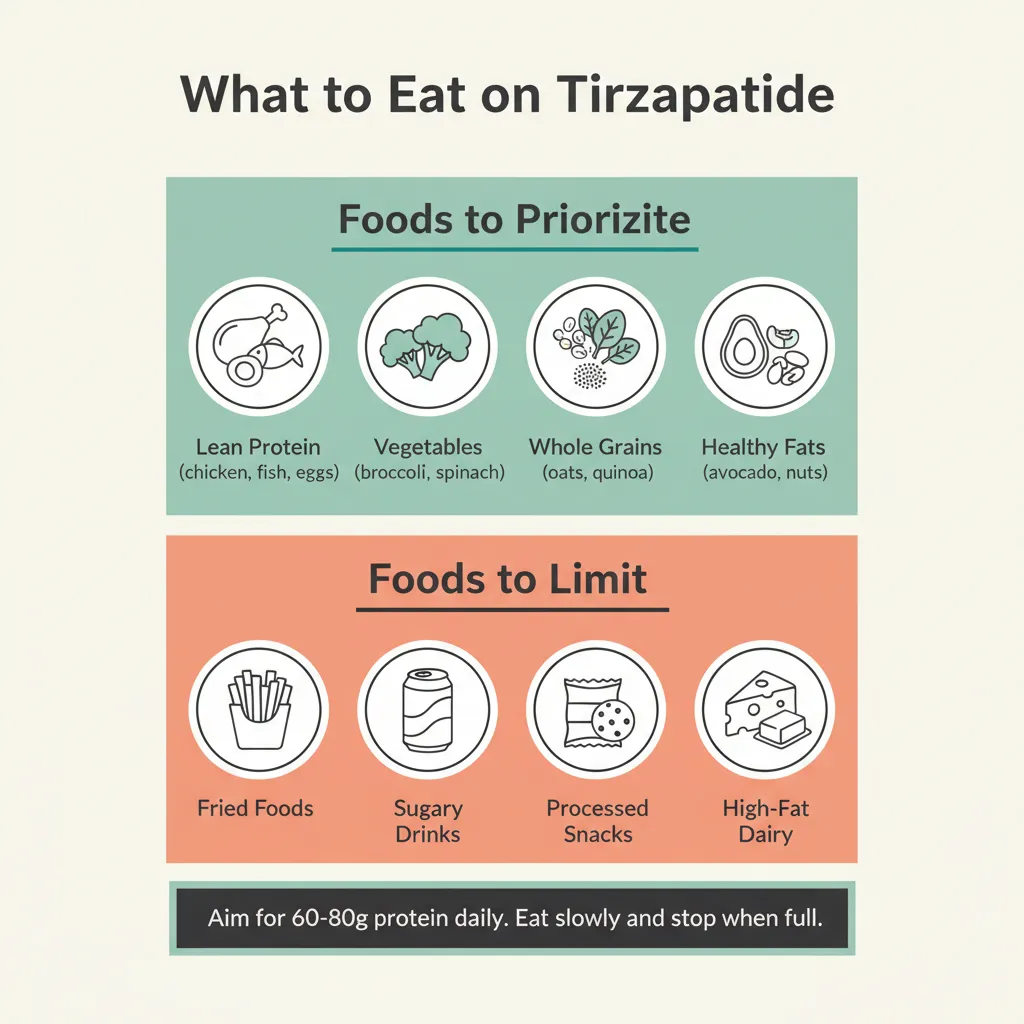 Infographic showing foods to eat and avoid while on tirzepatide